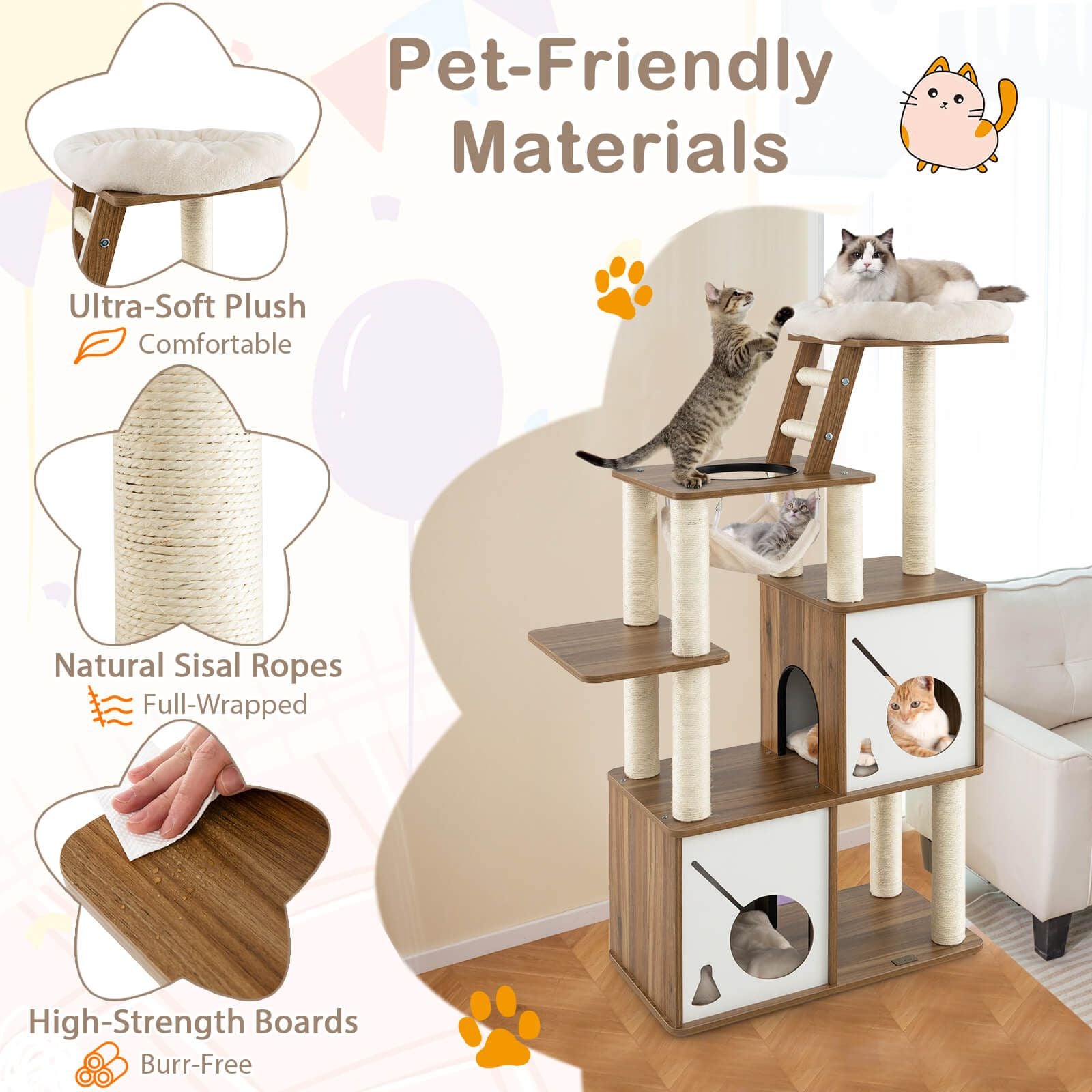 145Cm Cat Tree Tower Multi-Level with Scratching Posts and 2 Condos