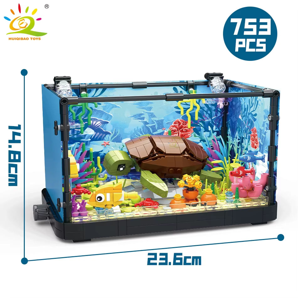 HUIQIBAO MOC Fishbowl Aquarium Building Blocks Sea Turtle Fish Tank with Light Bricks City Construction Toys for Children Kids