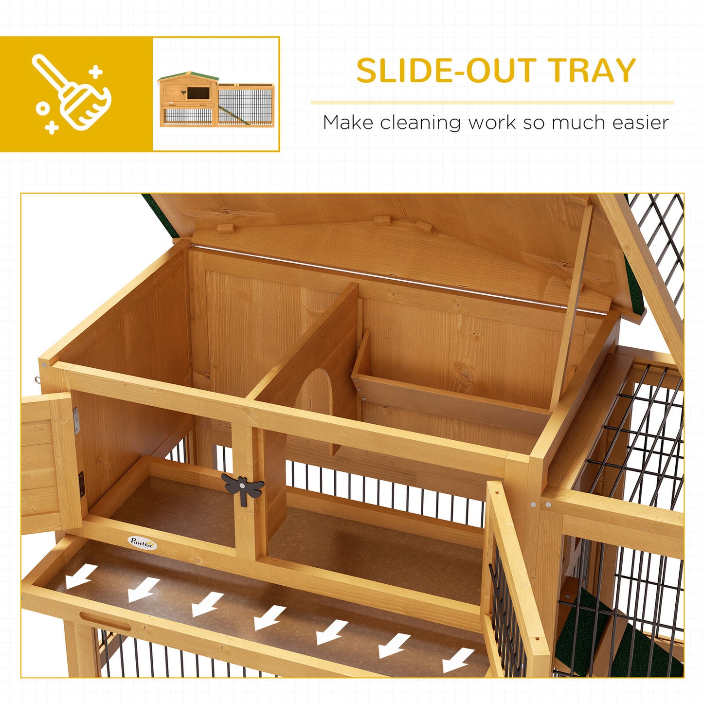 Pawhut Wooden Rabbit Hutch with Run, Asphalt Roof, Pull-Out Tray, Ramp, Yellow