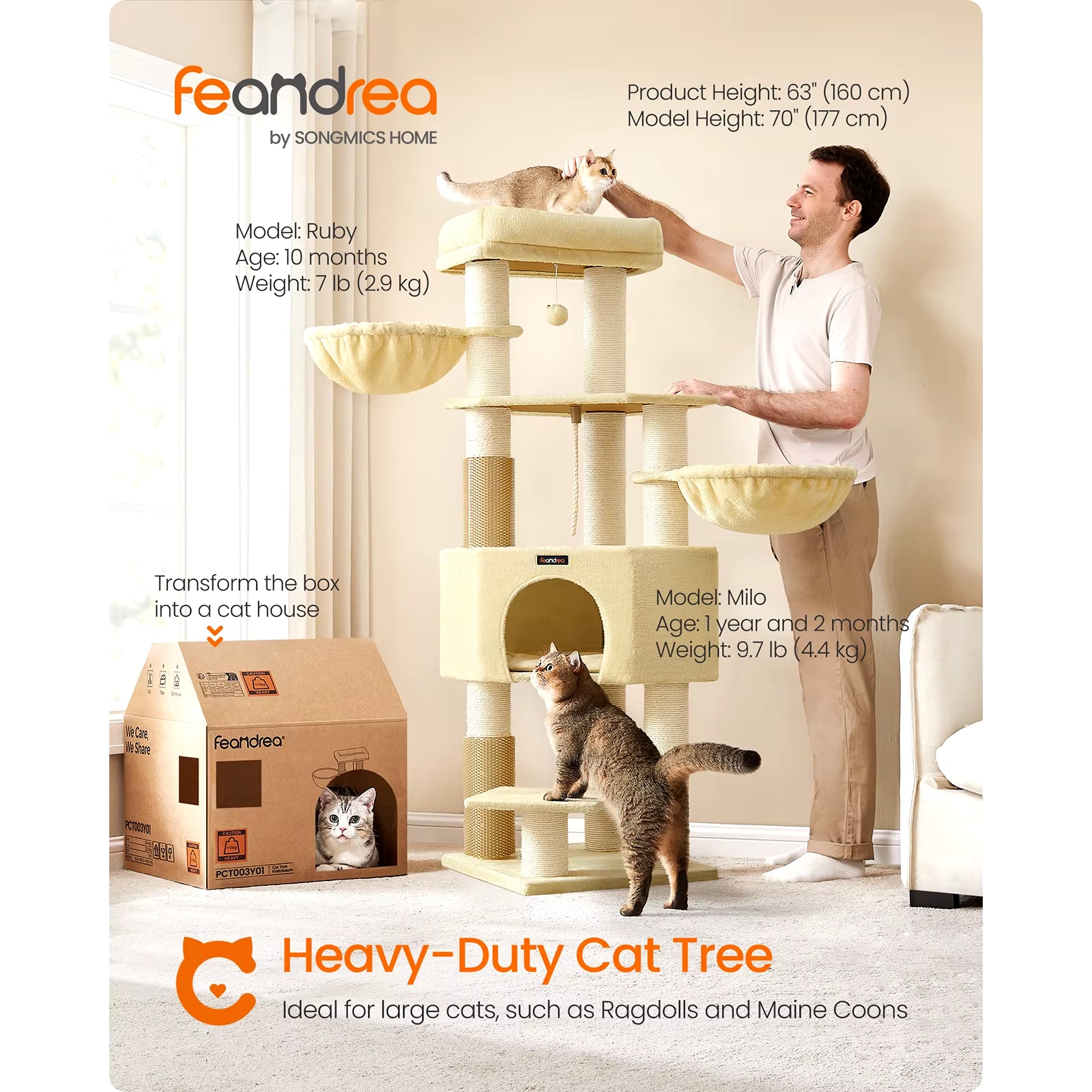 Cat Tree for Large Cats, Heavy-Duty Cat Tower with Self-Warming Pads, 9 Scratching Posts, Large Perch