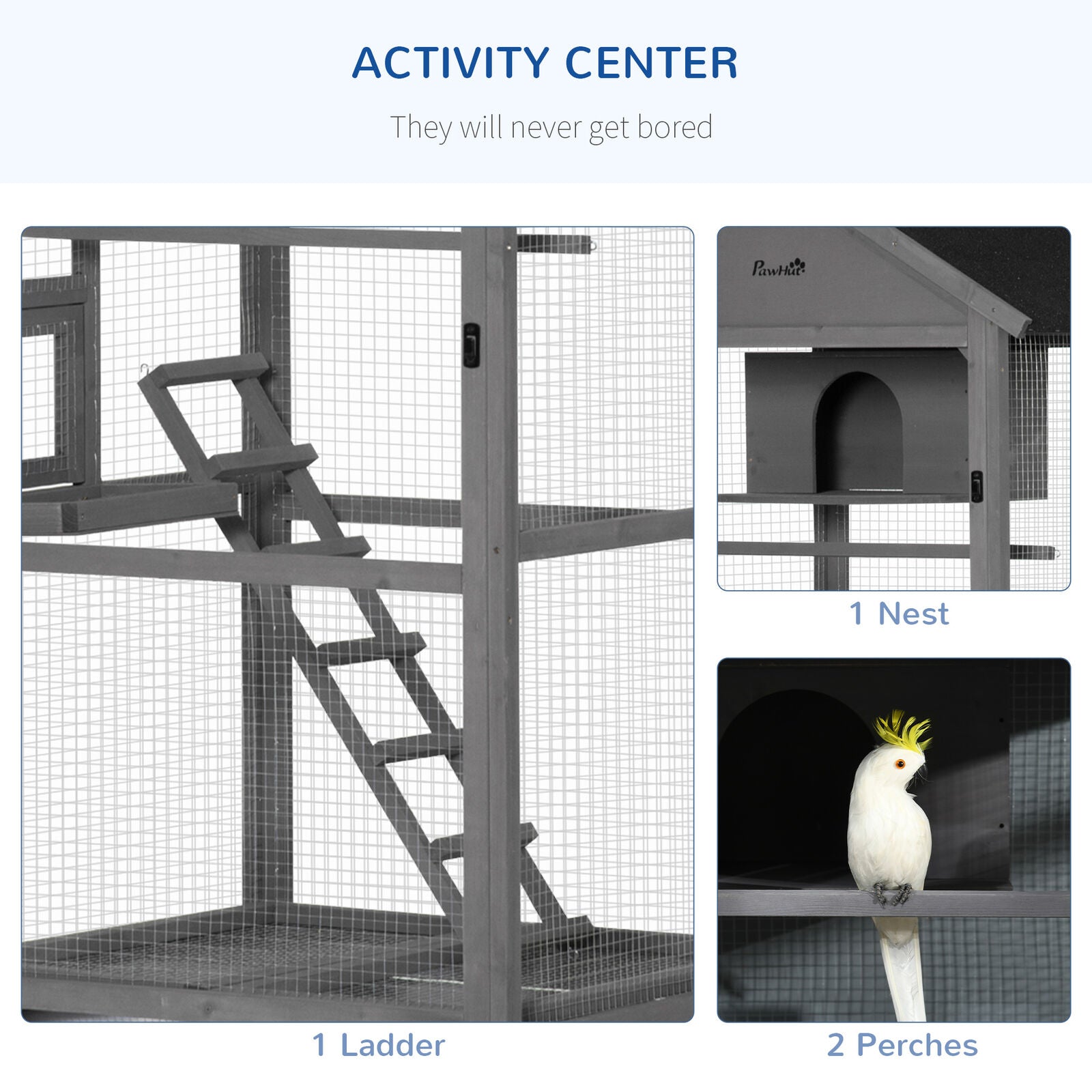 Bird Cage, Wooden Rolling Bird Aviary with Wheel, Perch, Nest, Ladder, Tray