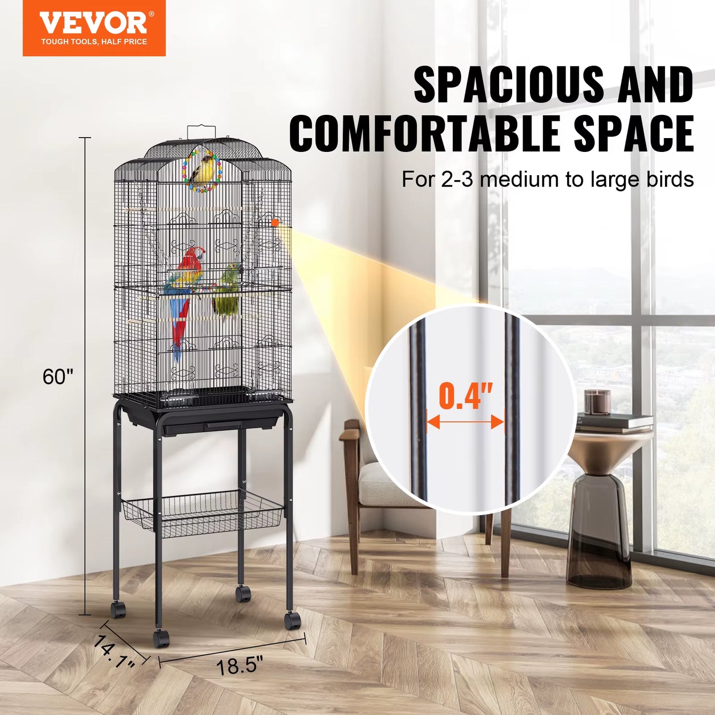 60 Inch Bird Aviary Flight Pet Bird Cage Metal with Rolling Stand and Hanging Toys for Cockatiels Parrots Pigeons Parakeet