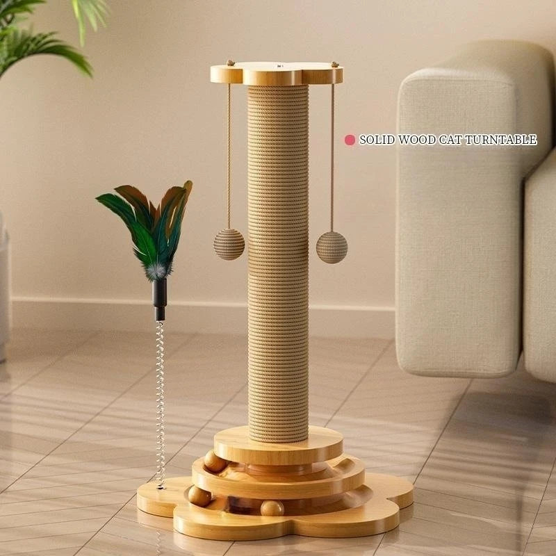 Pet Cat Toy Solid Wood Cat Turntable Funny Cat Stick Balls Durable Sisal Scratching Board Cat Supplies Cat Grab Column