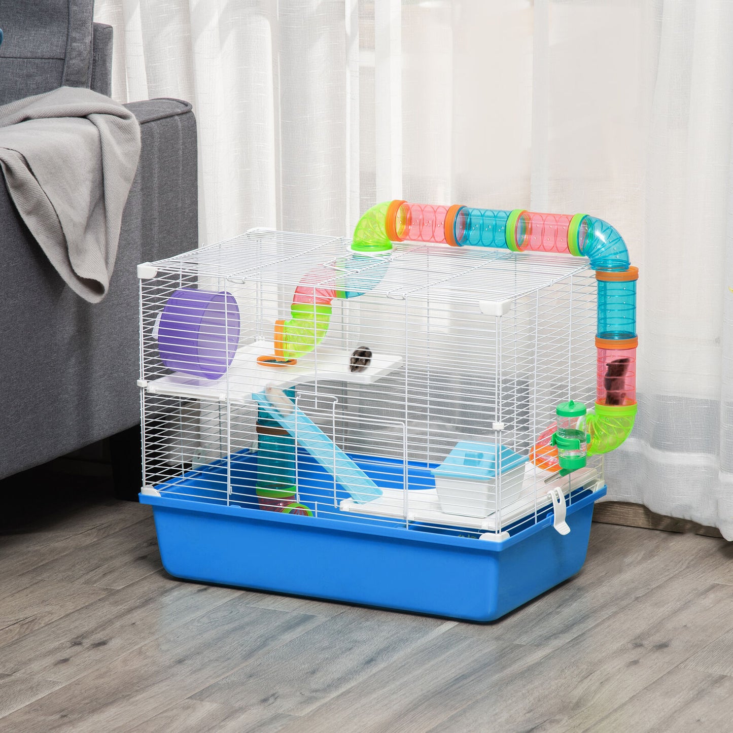 Hamster Cage Rodents House W/ Tubes Exercise Wheel, Water Bottle - Blue