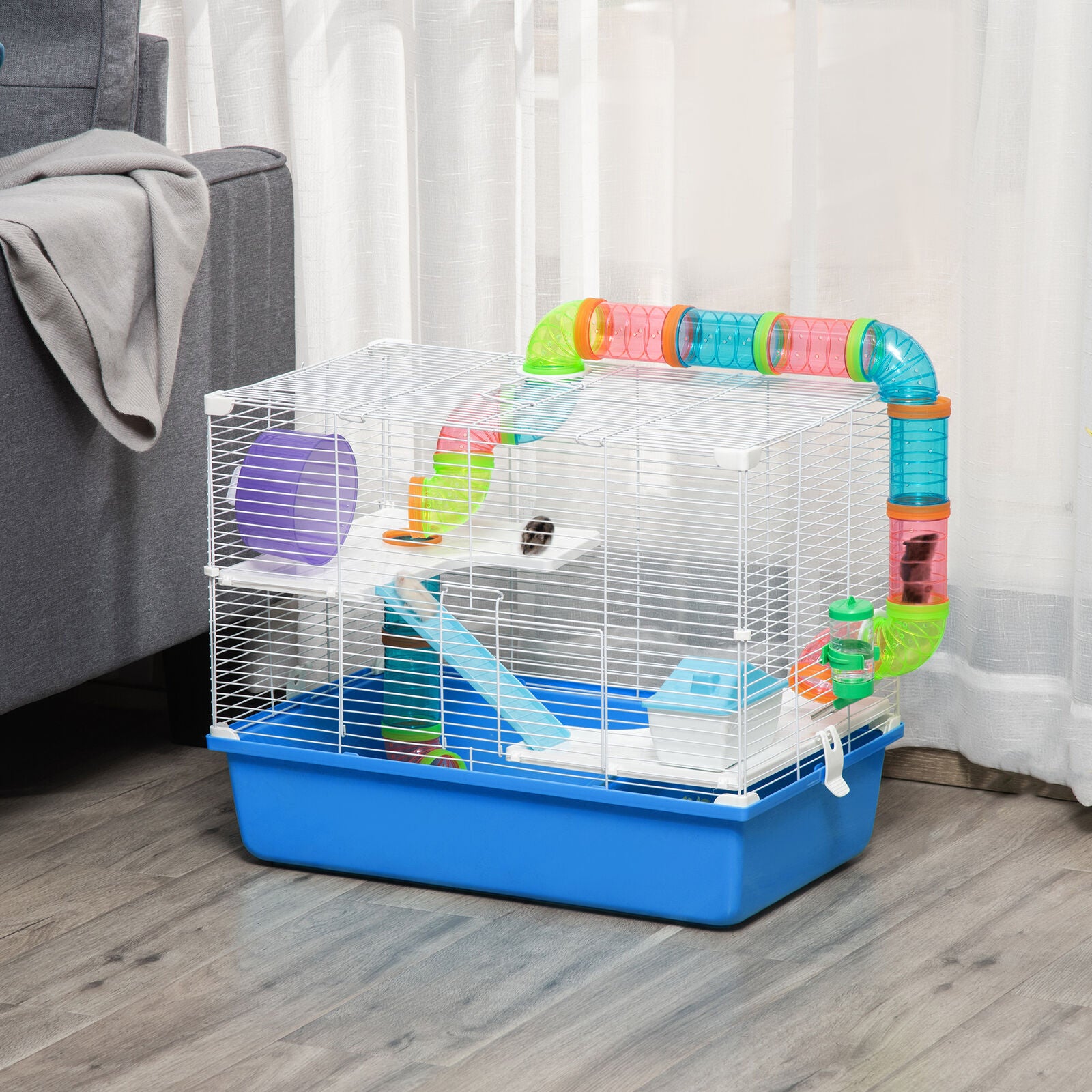 Hamster Cage Rodents House W/ Tubes Exercise Wheel, Water Bottle - Blue