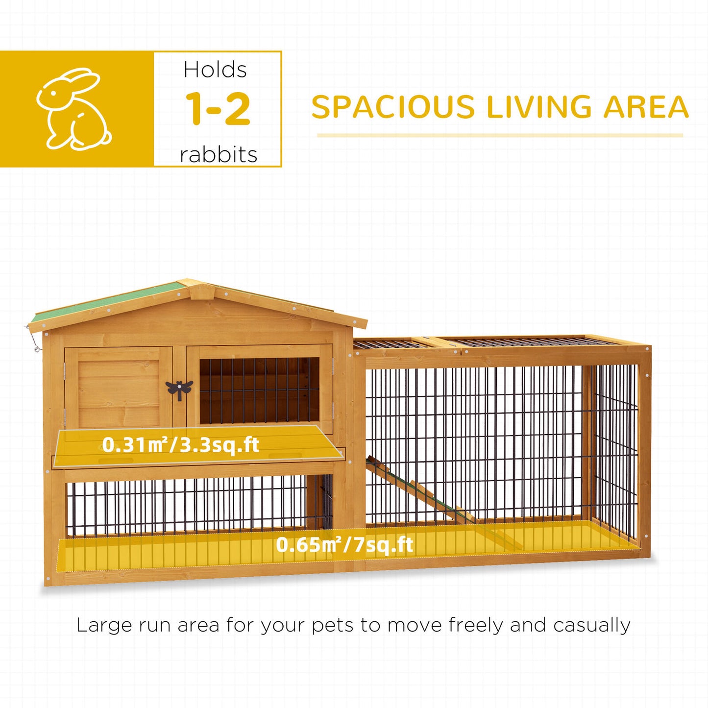 Pawhut Wooden Rabbit Hutch with Run, Asphalt Roof, Pull-Out Tray, Ramp, Yellow