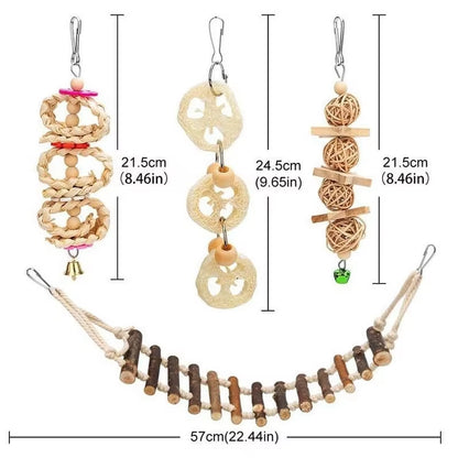 8PCS Set Combination Parrot Bird Toys Wood Articles Bite Pet Bird Toys for Parrot Training Bird Toy Swing Ball Bell Standing