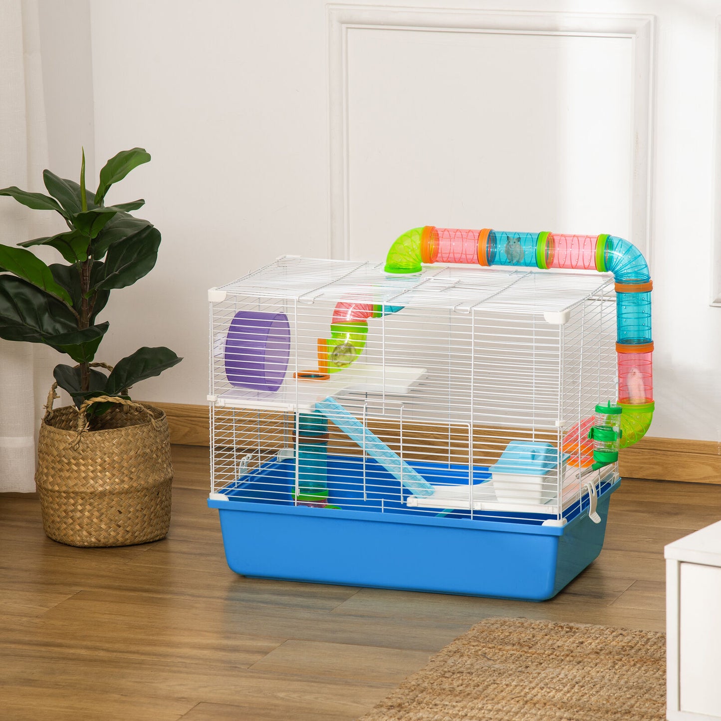 Hamster Cage Rodents House W/ Tubes Exercise Wheel, Water Bottle - Blue