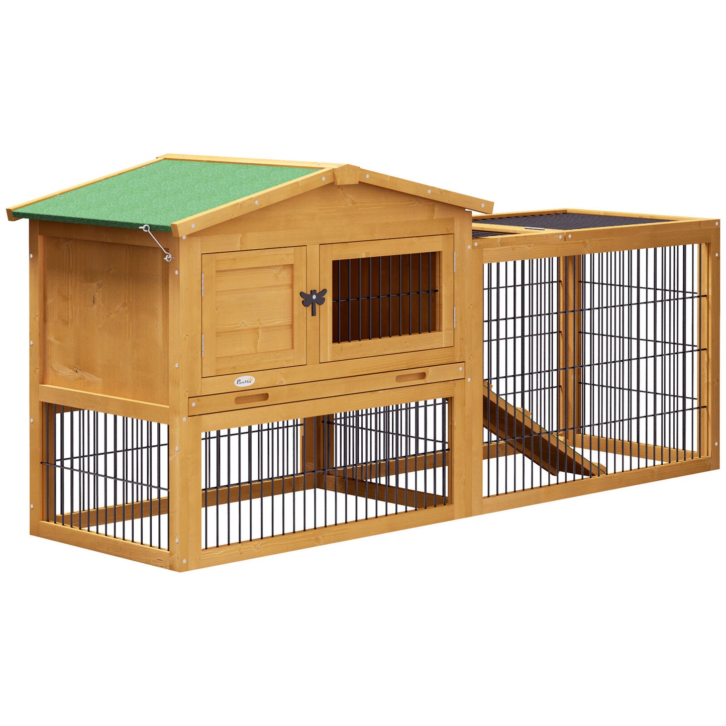 Pawhut Wooden Rabbit Hutch with Run, Asphalt Roof, Pull-Out Tray, Ramp, Yellow