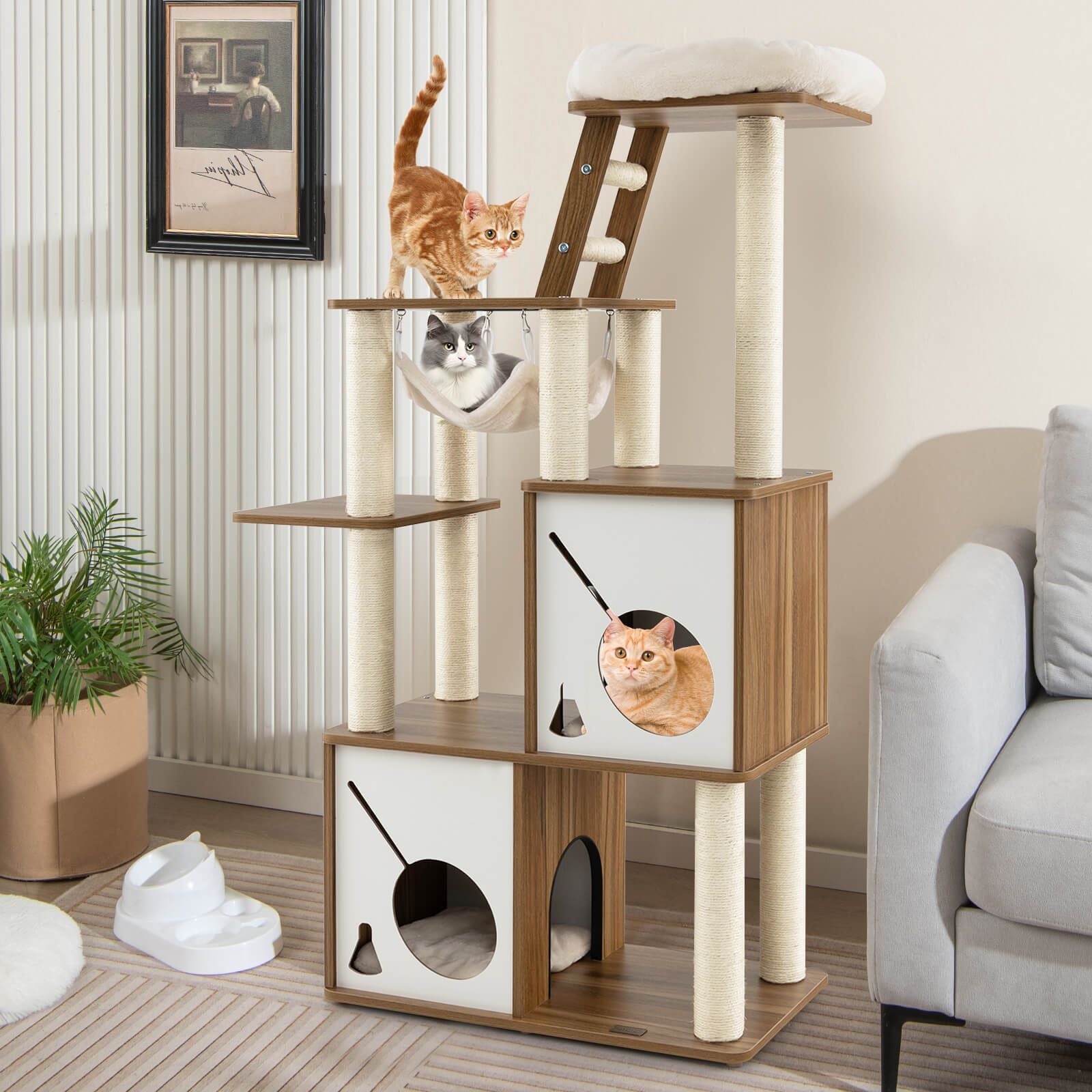 145Cm Cat Tree Tower Multi-Level with Scratching Posts and 2 Condos