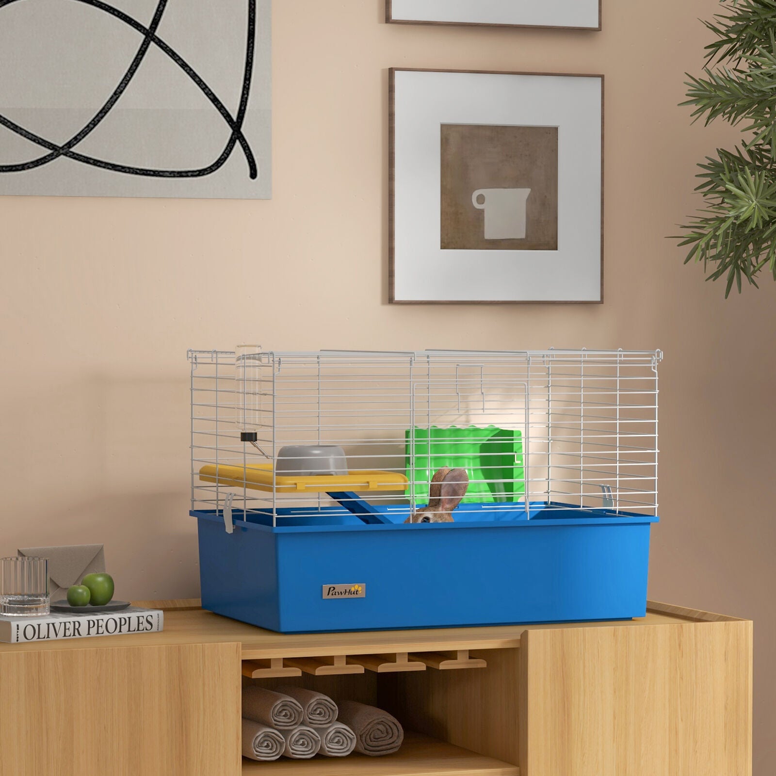 Pawhut Small Animal Cage, Rabbit Guinea Pig Hutch, Pet Playhouse, Blue