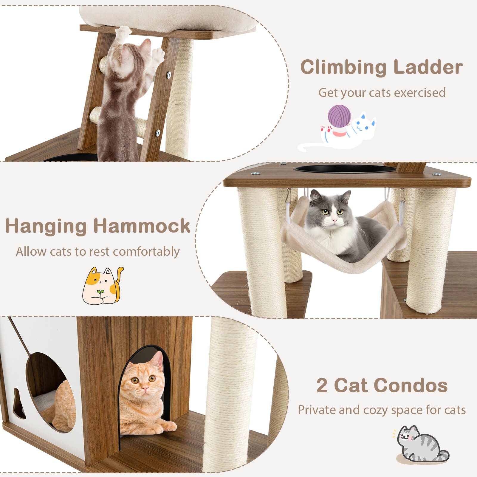 145Cm Cat Tree Tower Multi-Level with Scratching Posts and 2 Condos