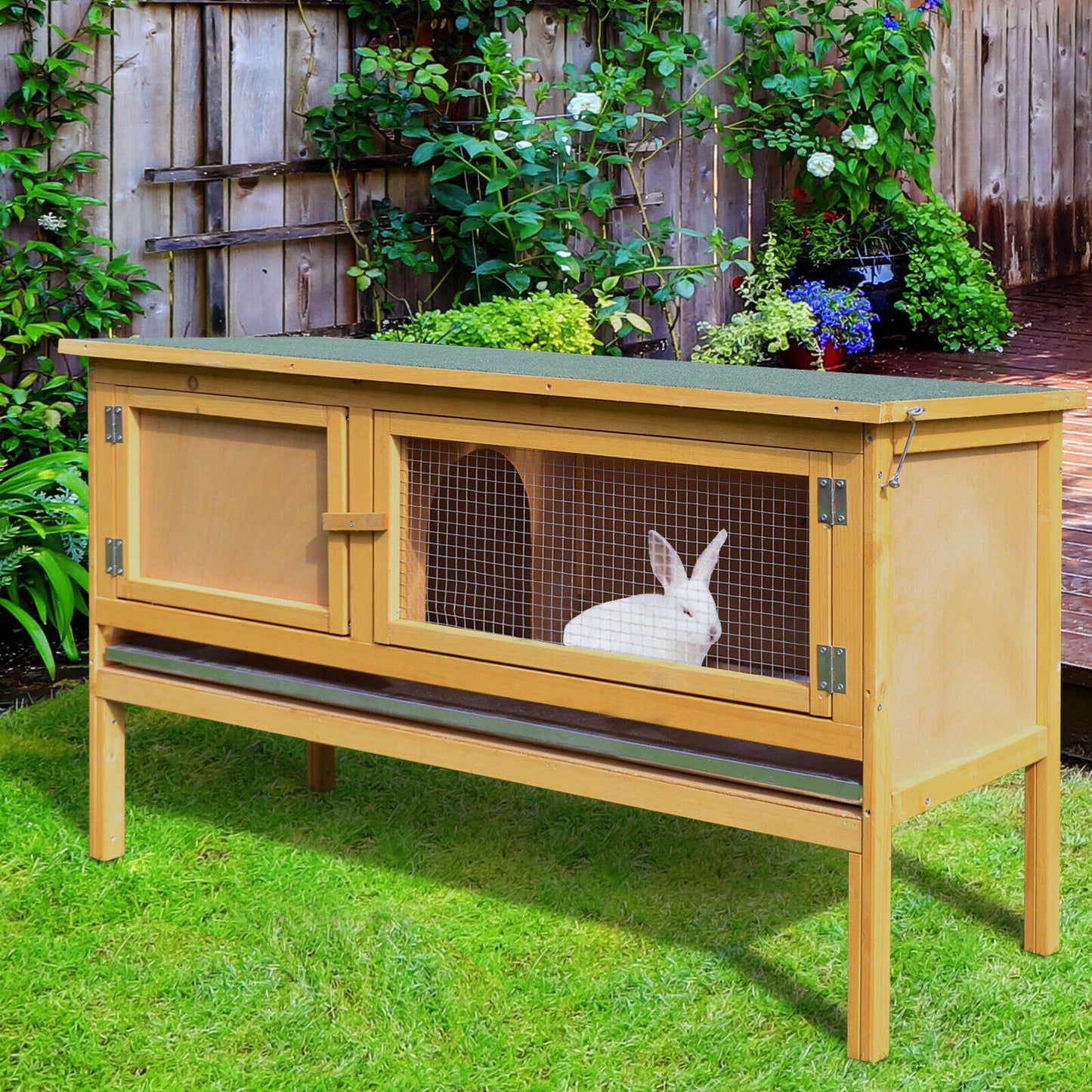 Wooden Rabbit Hutch Bunny Cage Outdoor Small Animal House W/ Hinged Top