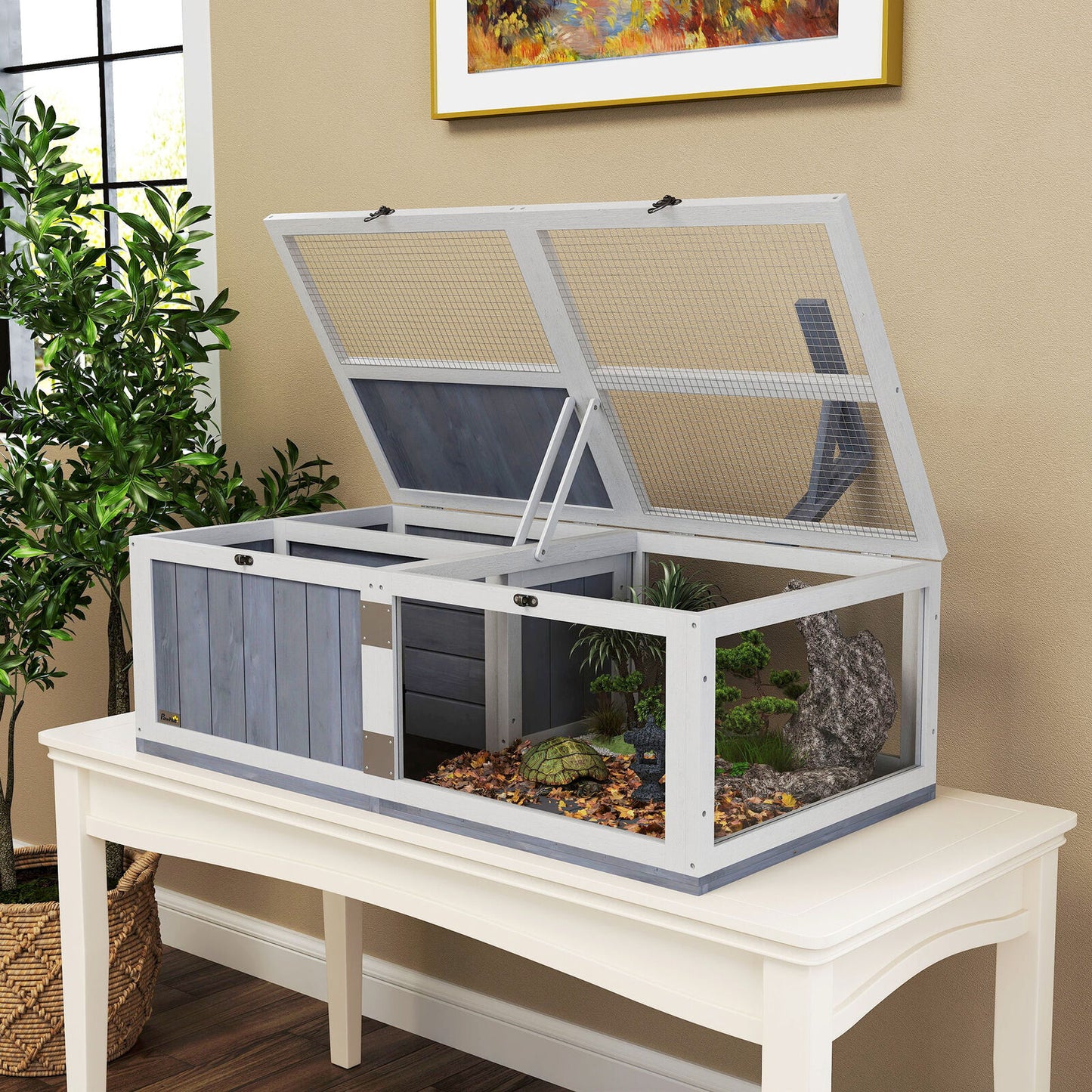 Wooden Tortoise House, 2-Room Tortoise Enclosure with Lamp Holder, Light Grey