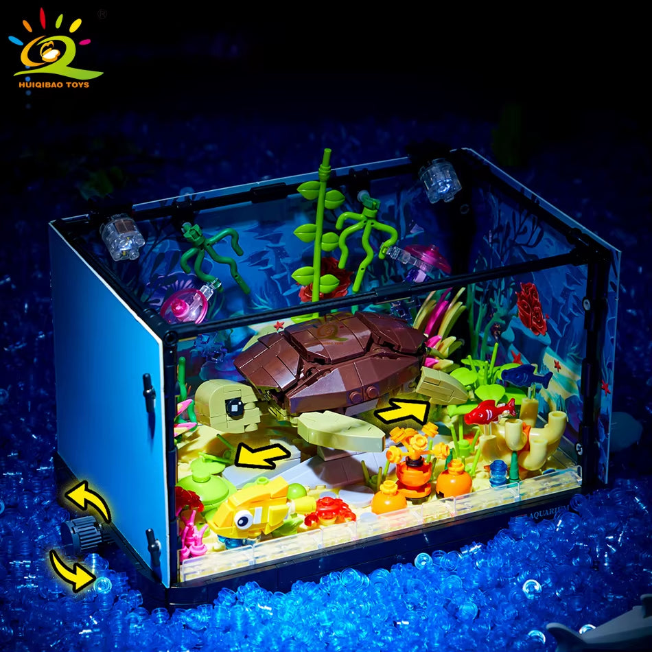 HUIQIBAO MOC Fishbowl Aquarium Building Blocks Sea Turtle Fish Tank with Light Bricks City Construction Toys for Children Kids