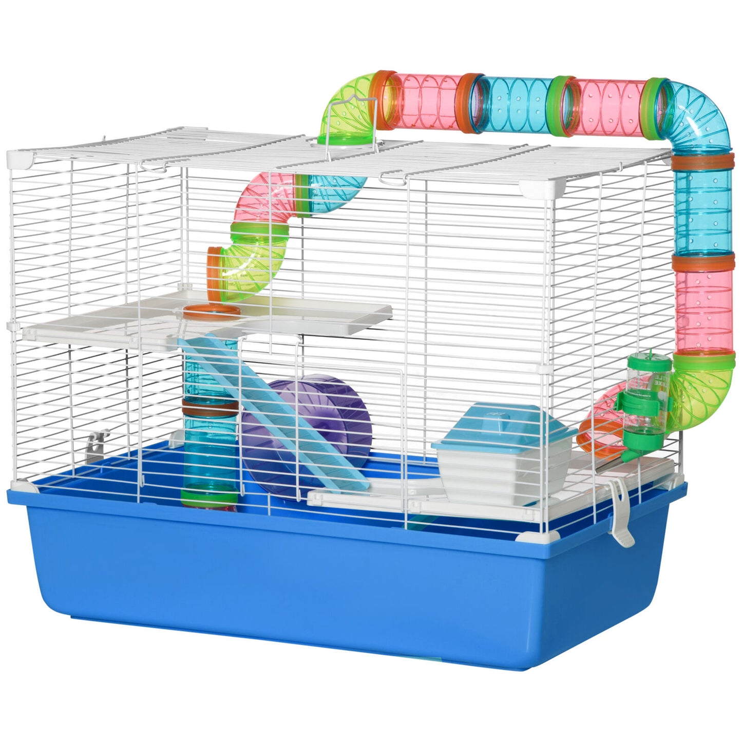 Hamster Cage Rodents House W/ Tubes Exercise Wheel, Water Bottle - Blue