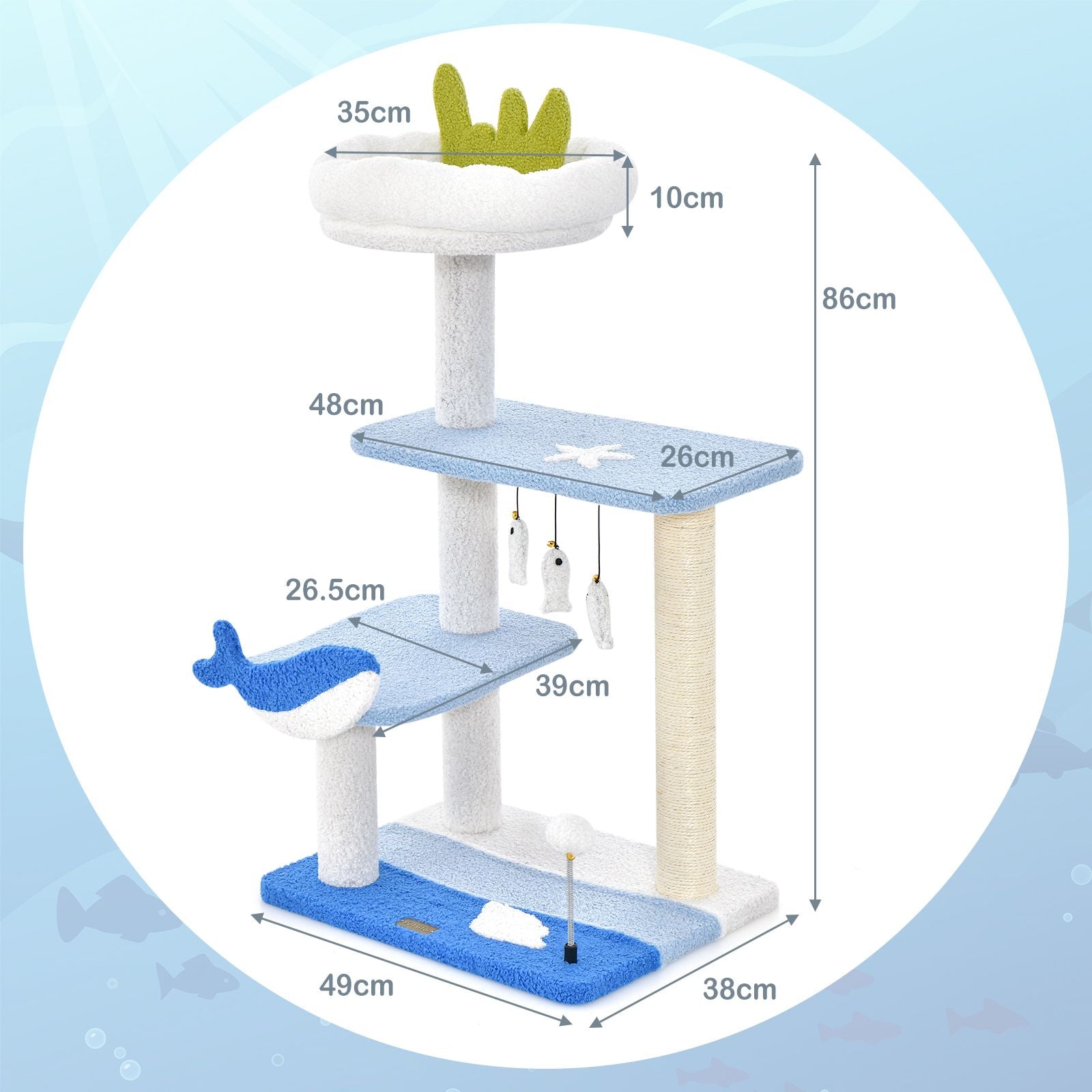 Ocean-Themed Cat Tree with Scratching Posts and Hanging Toys