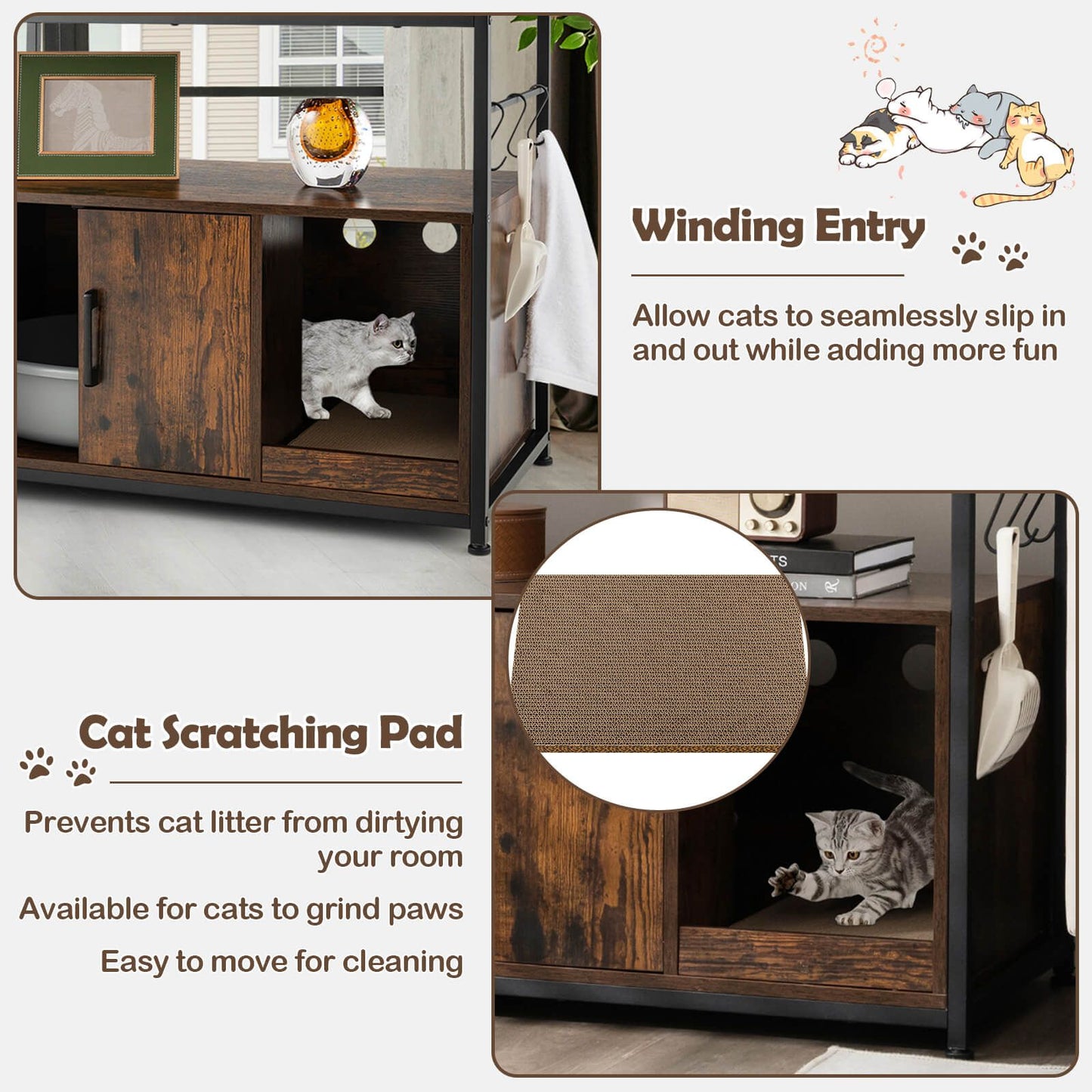 Cat Litter Box Enclosure with Scratching Pad and 2 Shelves