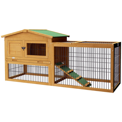 Pawhut Wooden Rabbit Hutch with Run, Asphalt Roof, Pull-Out Tray, Ramp, Yellow