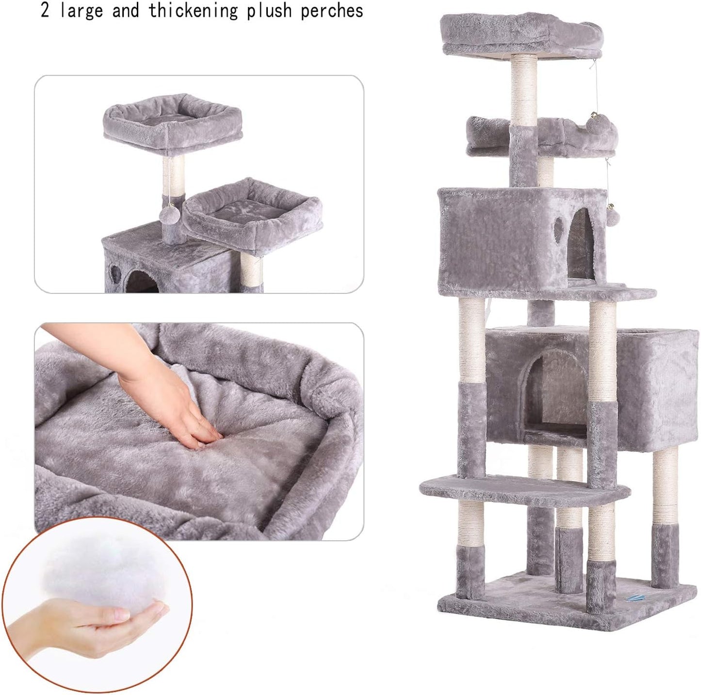 Hey-Bro 60 Inches Large Multi-Level Cat Tree Condo Furniture with Sisal-Covered Scratching Posts, 2 Plush Condos, 2 Plush Perches, for Kittens, Cats and Pets, Light Gray MPJ012W