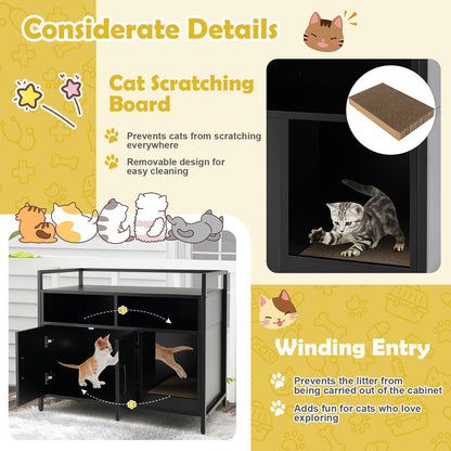 Wooden Cat Litter Box Enclosure with Compartments and Scratching Board