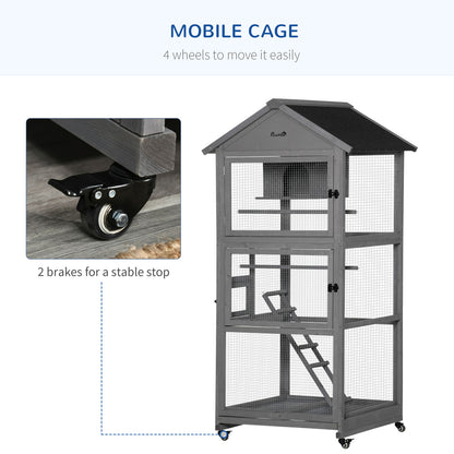 Bird Cage, Wooden Rolling Bird Aviary with Wheel, Perch, Nest, Ladder, Tray