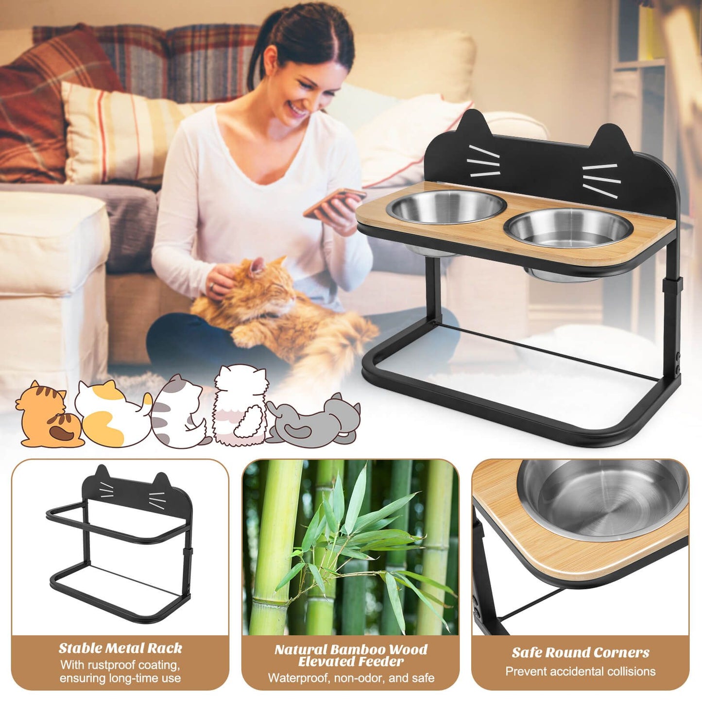 Elevated Pet Feeder for Cats with 2 Stainless Steel Bowls