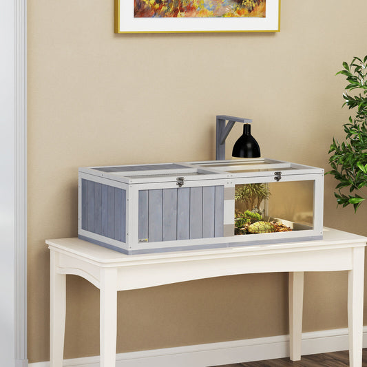 Wooden Tortoise House, 2-Room Tortoise Enclosure with Lamp Holder, Light Grey